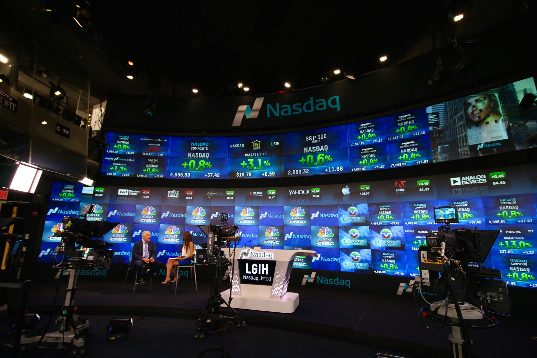 Nasdaq MarketSite interior with panoramic market-data screens